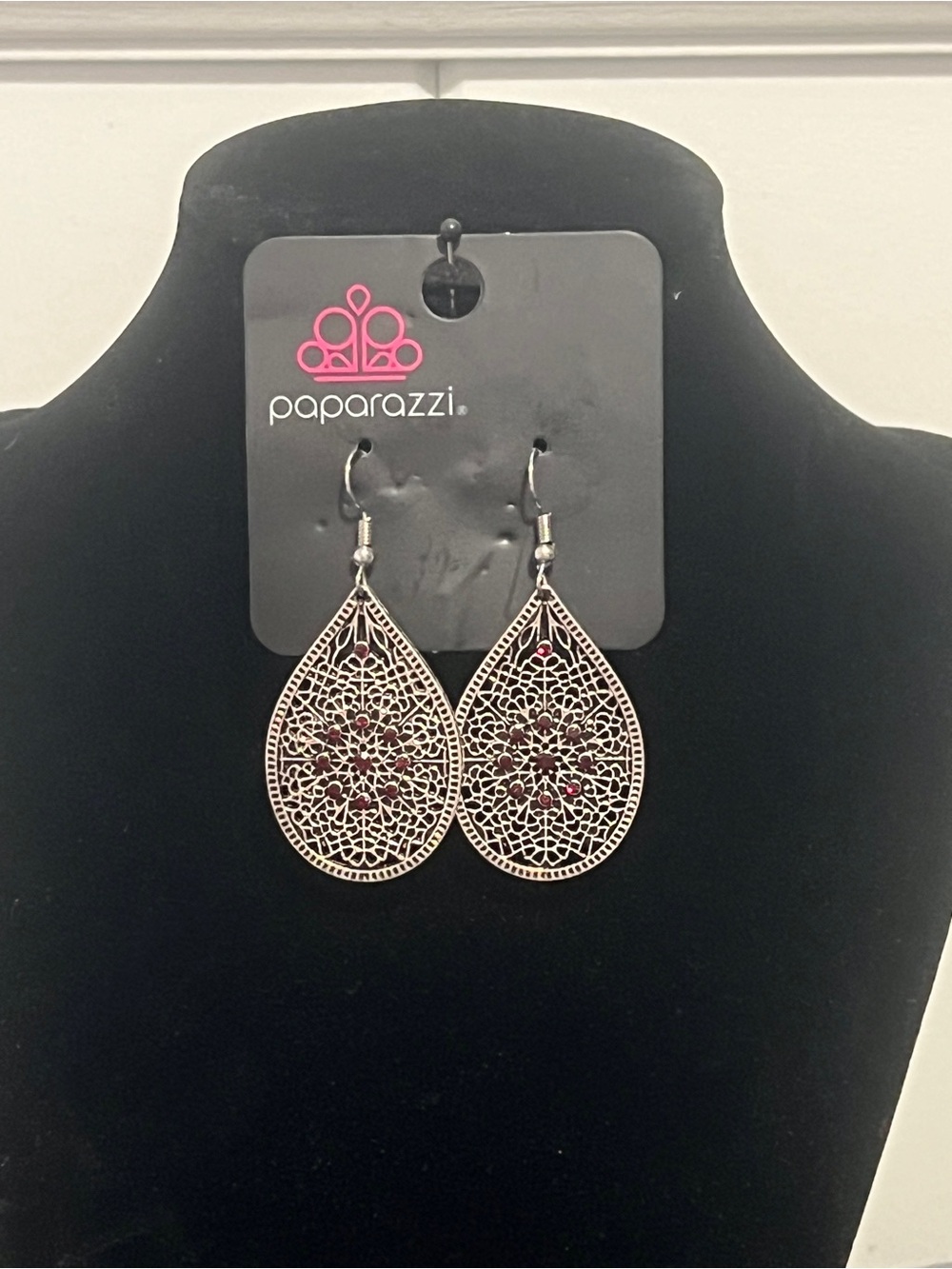 Paparazzi Silver Filigree Teardrop Earrings with Red Accents